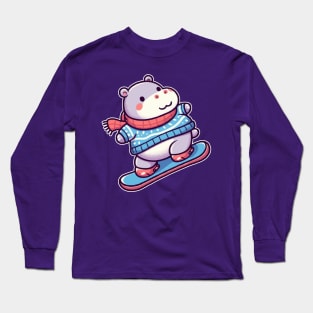 cute hippo snowboarding Long Sleeve T-Shirt